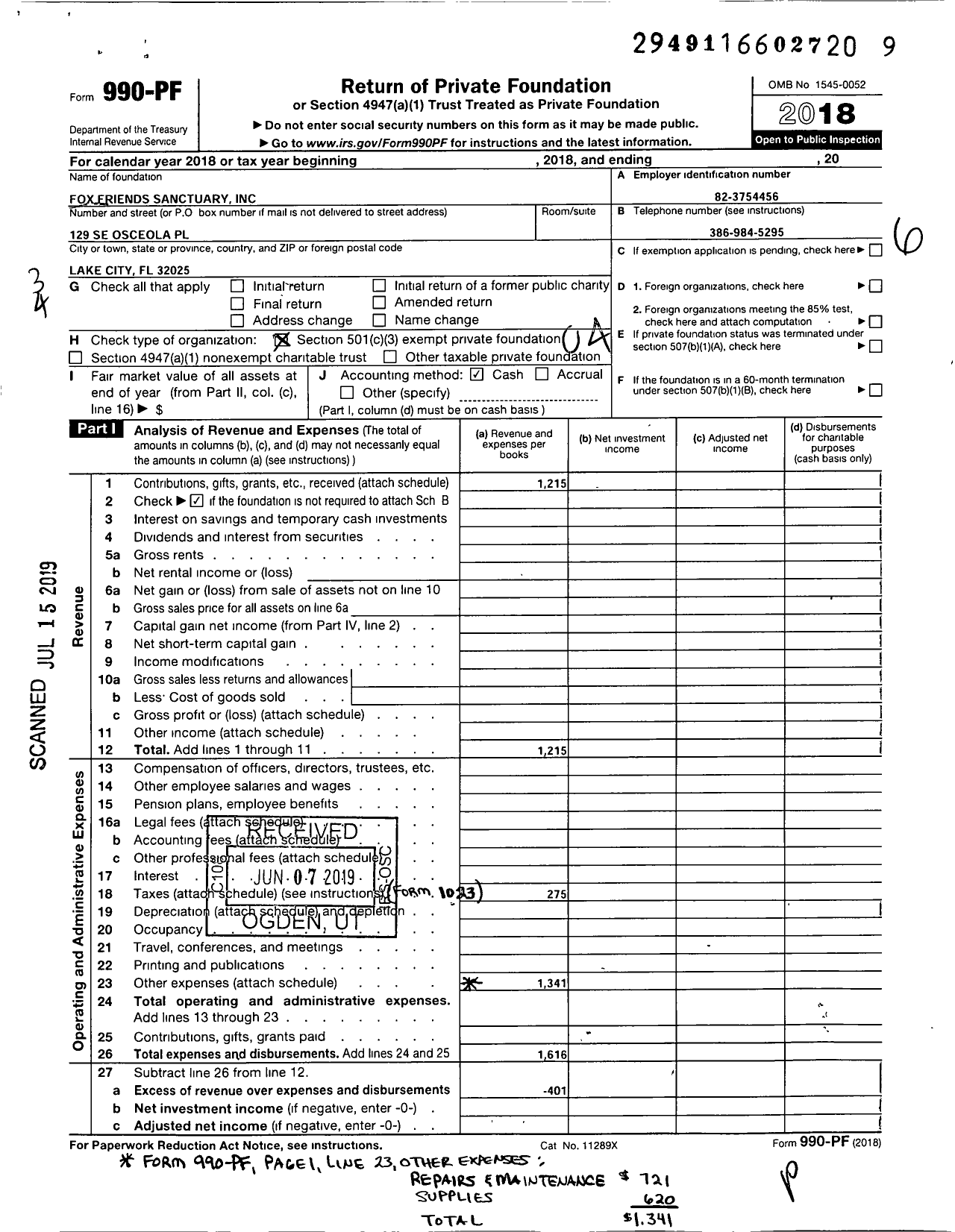 Image of first page of 2018 Form 990PF for Fox Friends Sanctuary