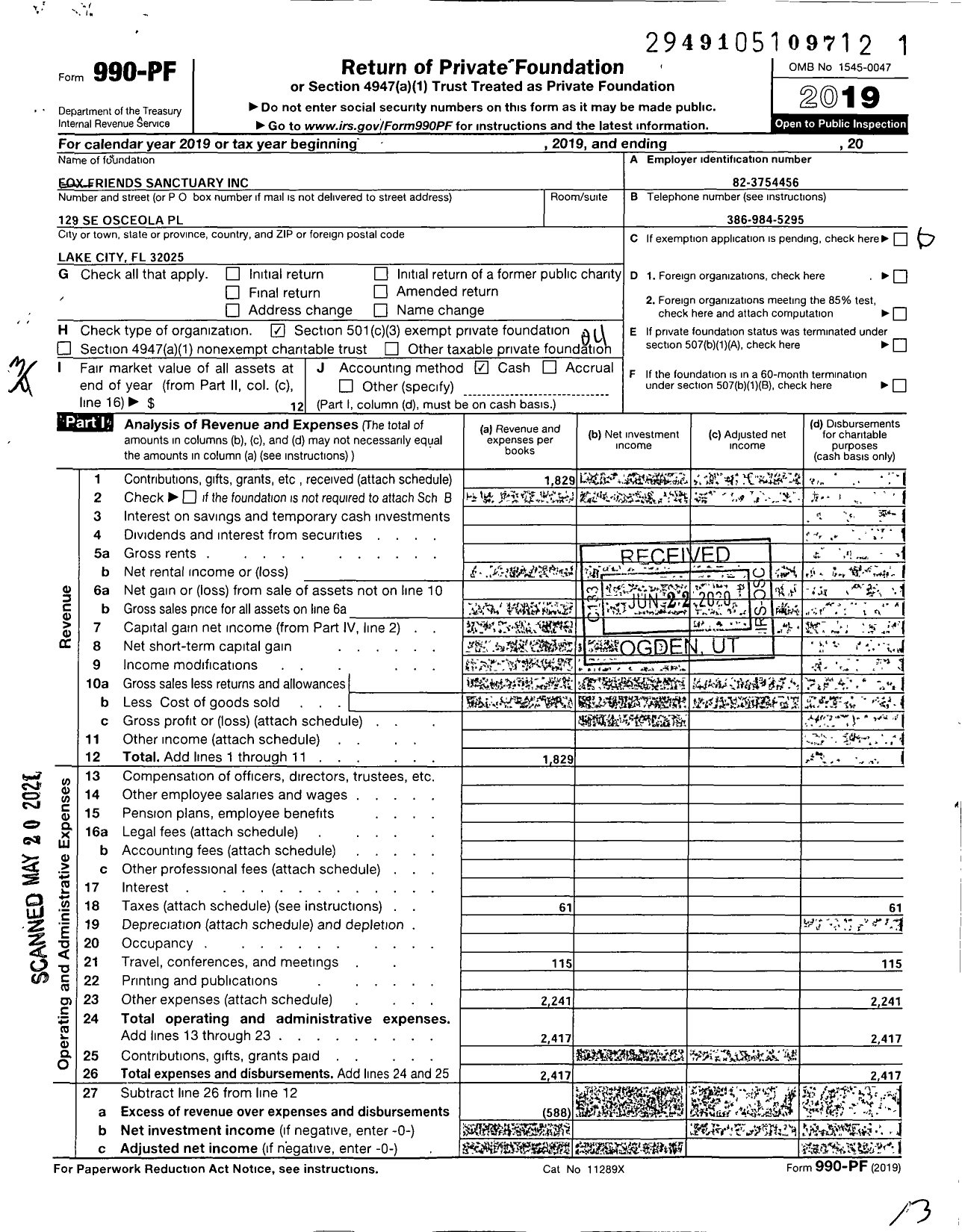 Image of first page of 2019 Form 990PF for Fox Friends Sanctuary