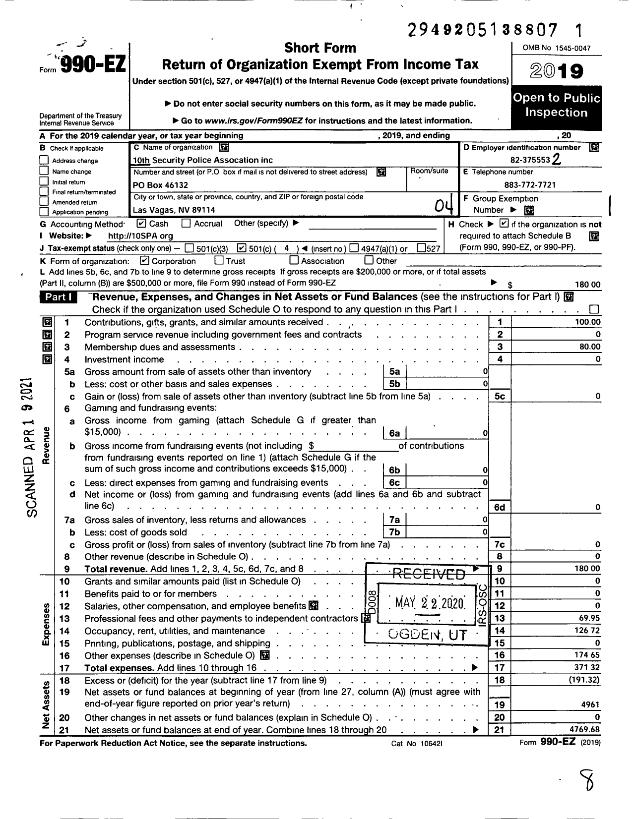 Image of first page of 2019 Form 990EO for 10th Security Police Association