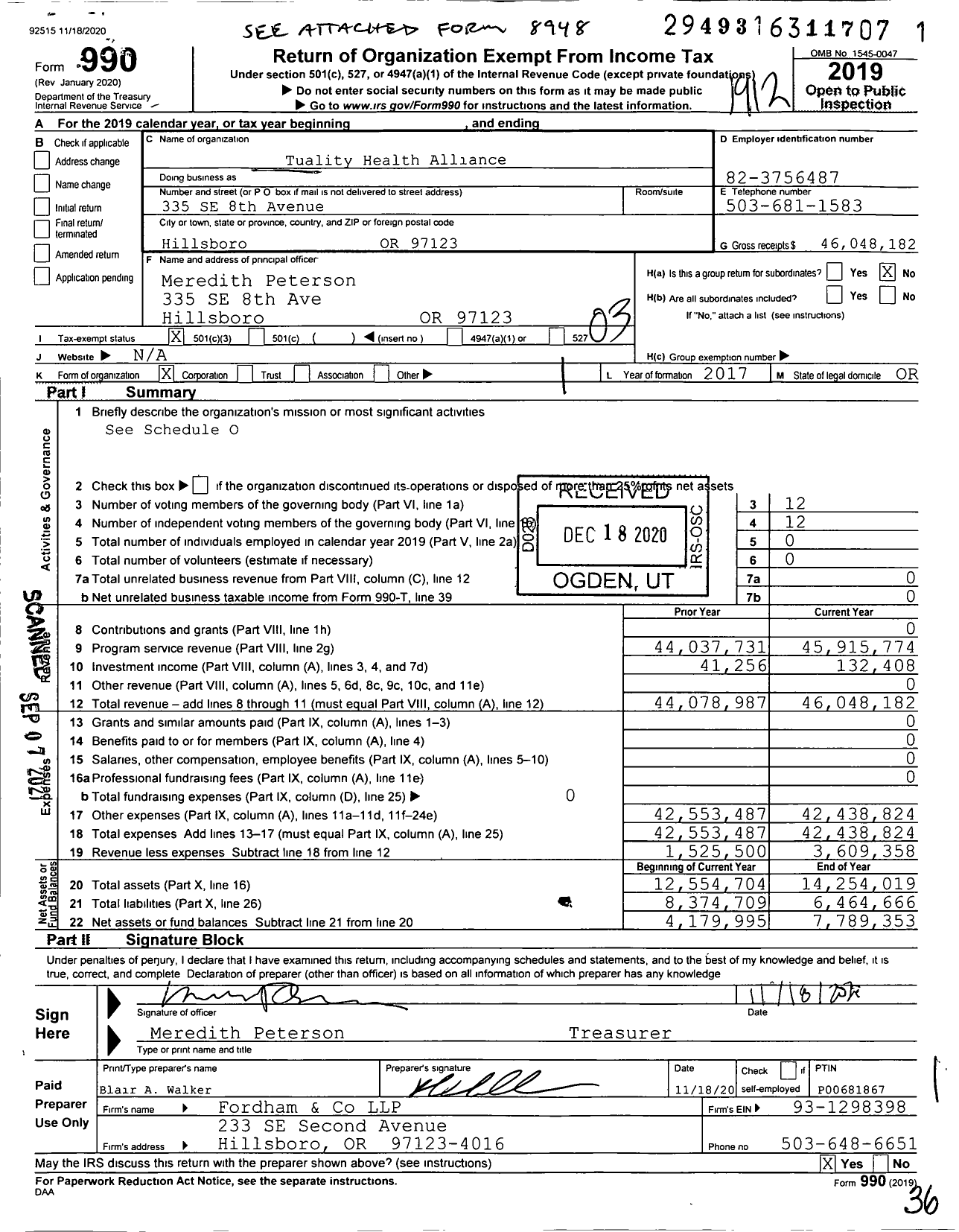 Image of first page of 2019 Form 990 for Tuality Health Alliance