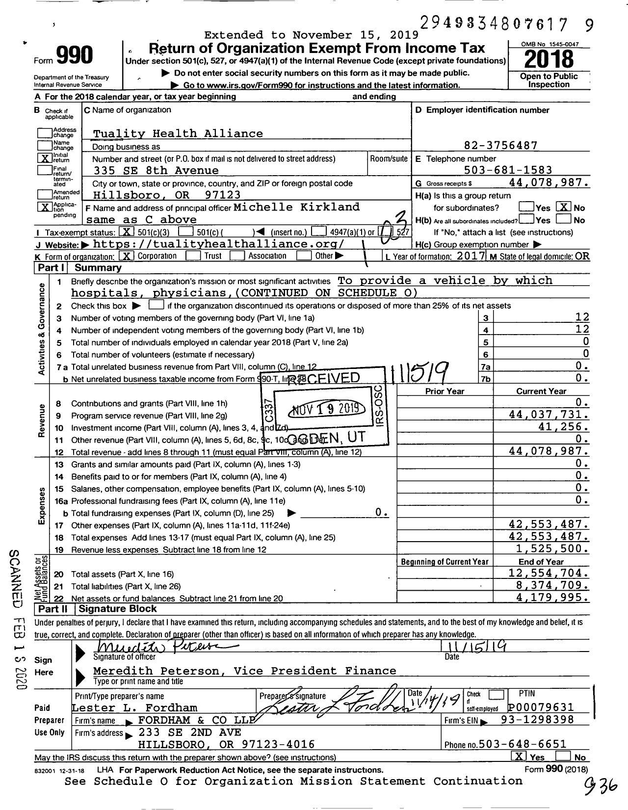 Image of first page of 2018 Form 990 for Tuality Health Alliance