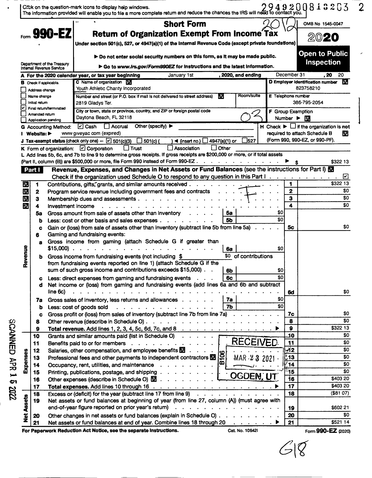 Image of first page of 2020 Form 990EZ for Youth Athletic Charity Incorporated