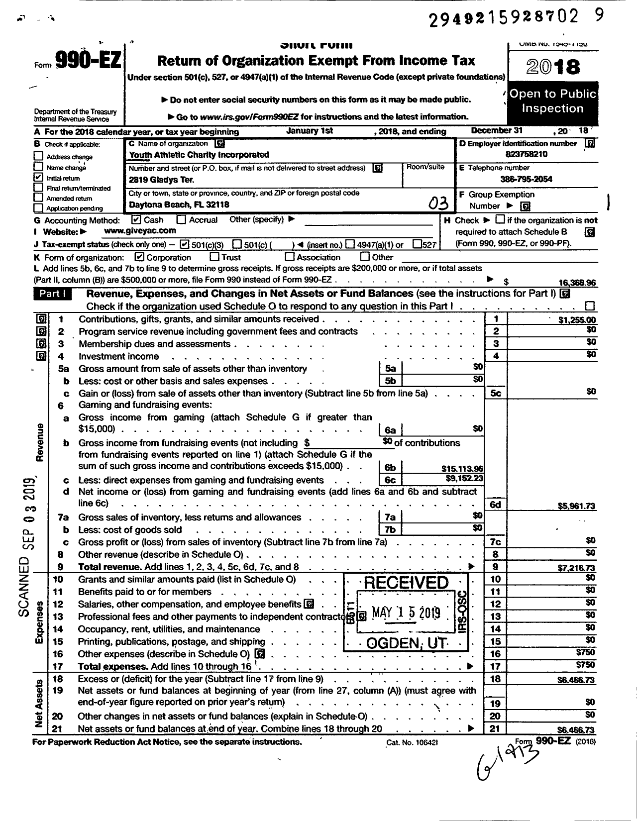 Image of first page of 2018 Form 990EZ for Youth Athletic Charity Incorporated