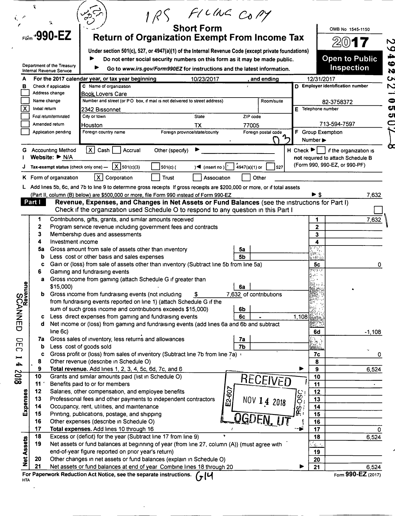 Image of first page of 2017 Form 990EZ for Book Lovers Care