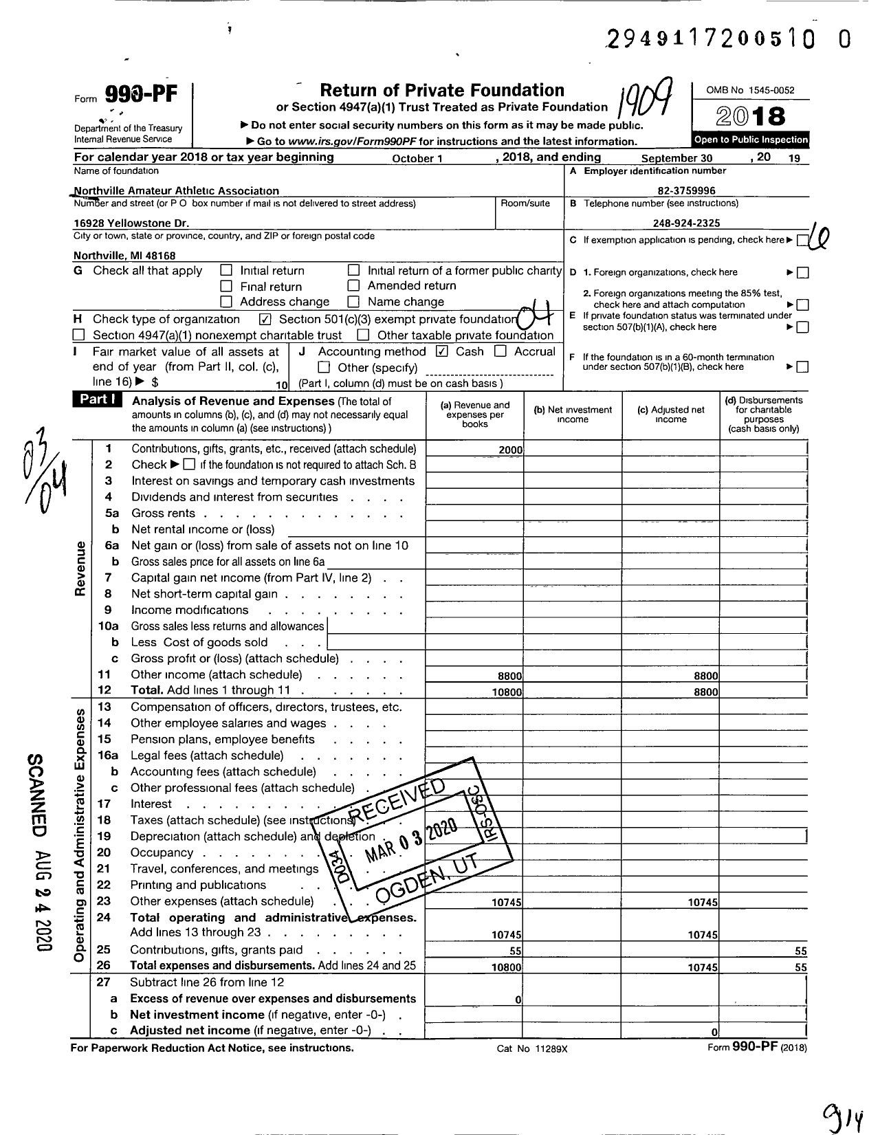 Image of first page of 2018 Form 990PR for Northville Amateur Athletic Association