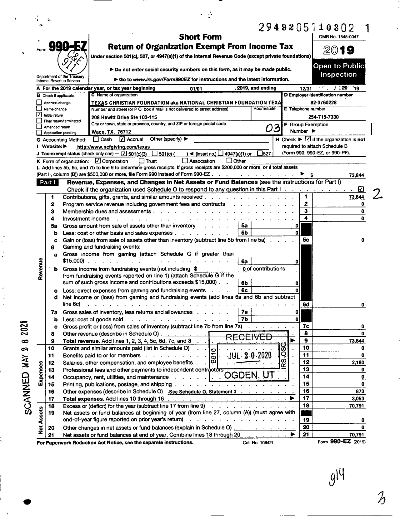 Image of first page of 2019 Form 990EZ for National Christian Foundation Texas