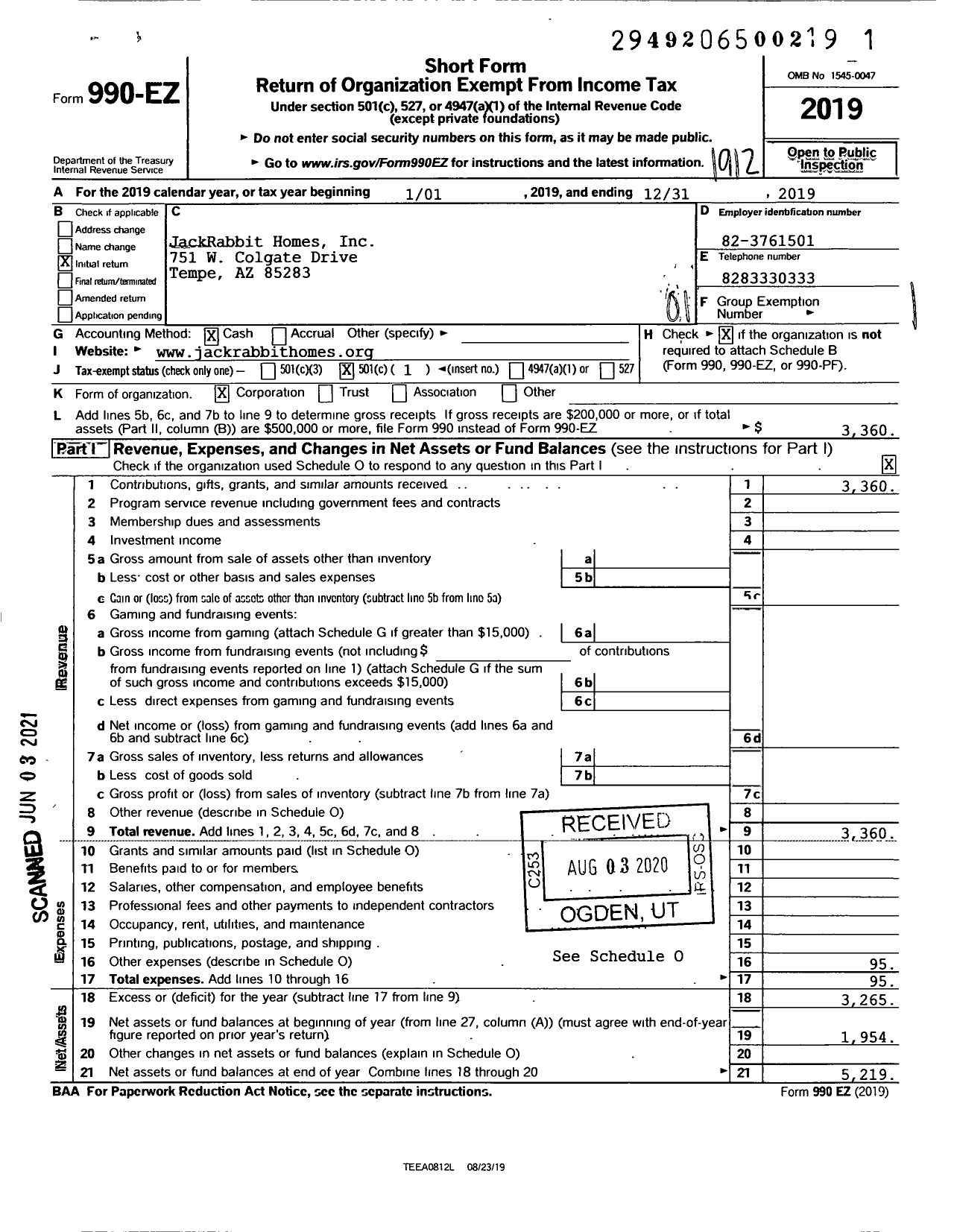 Image of first page of 2019 Form 990EO for Jackrabbit Homes