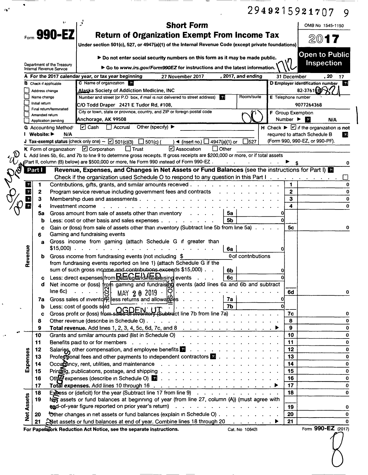 Image of first page of 2017 Form 990EO for American Society of Addiction Medicine / Alaska