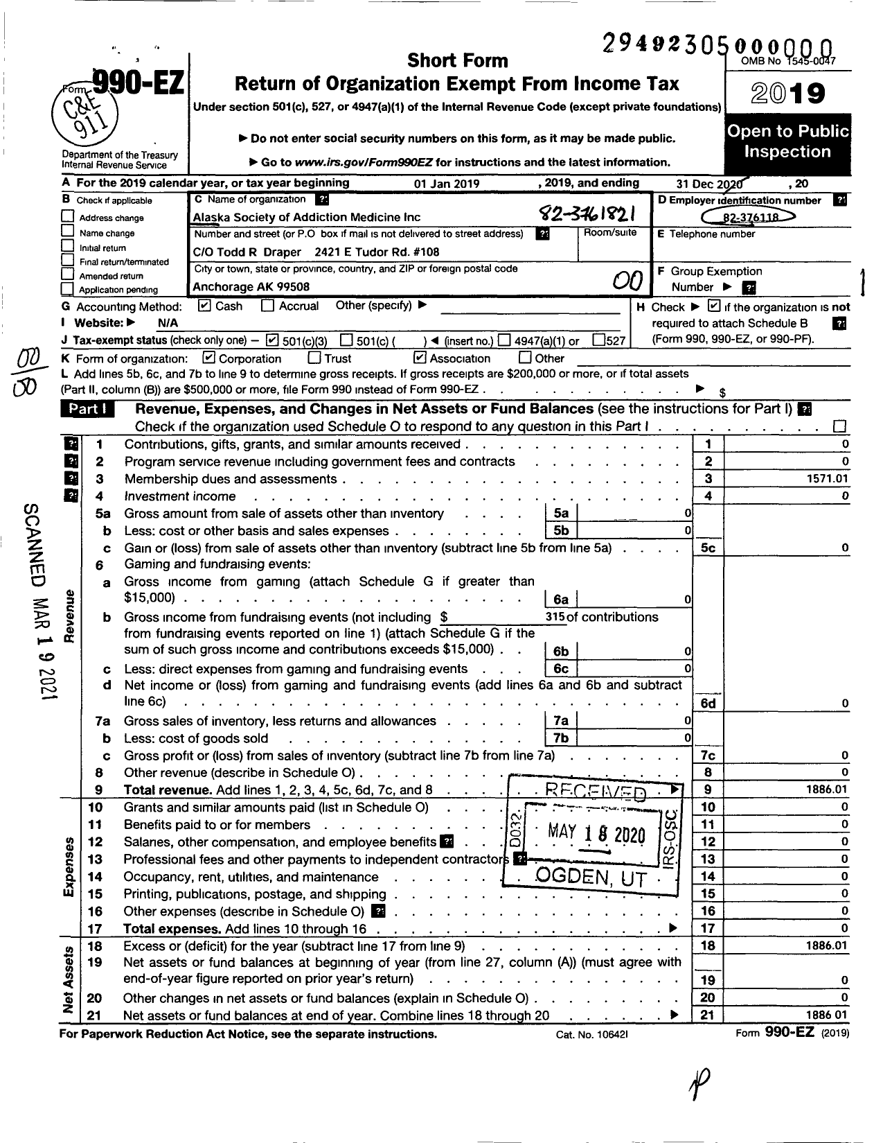 Image of first page of 2019 Form 990EO for American Society of Addiction Medicine / Alaska