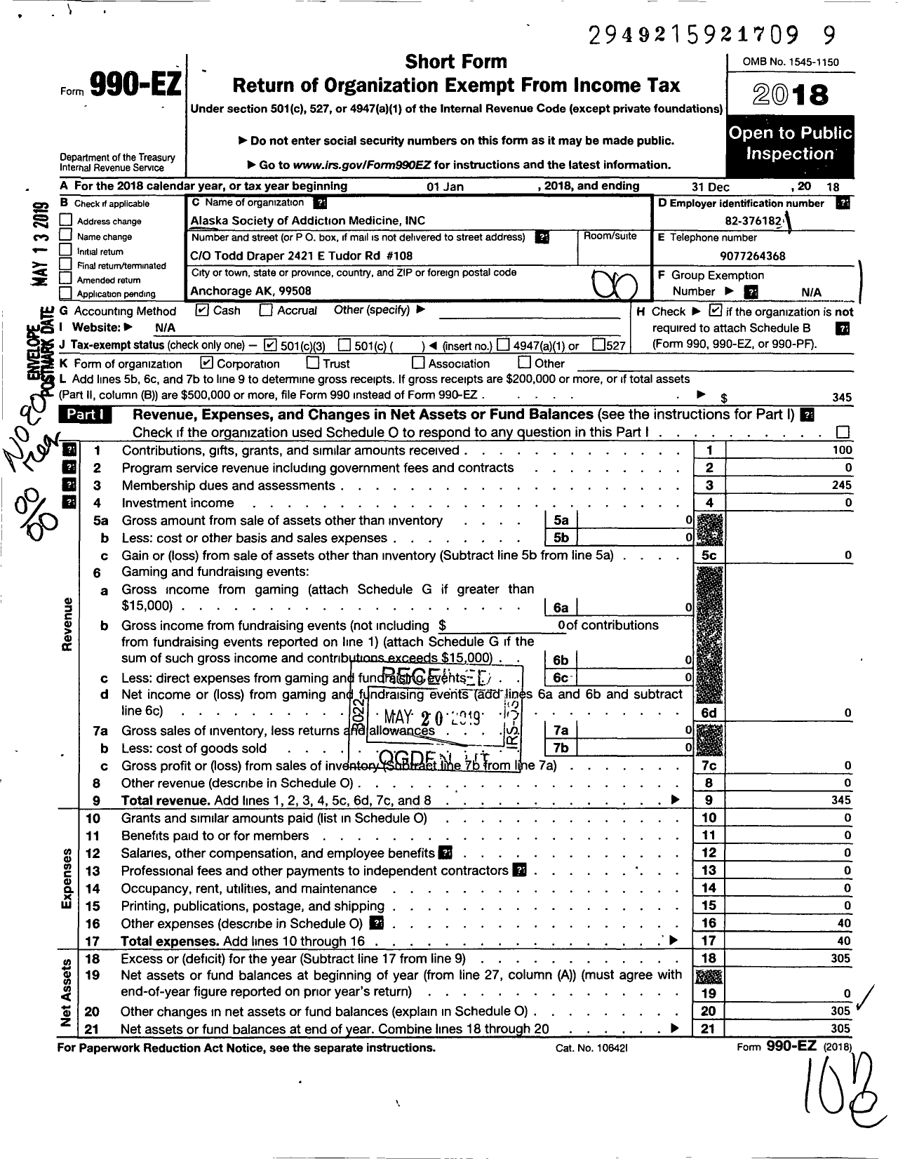 Image of first page of 2018 Form 990EO for American Society of Addiction Medicine / Alaska