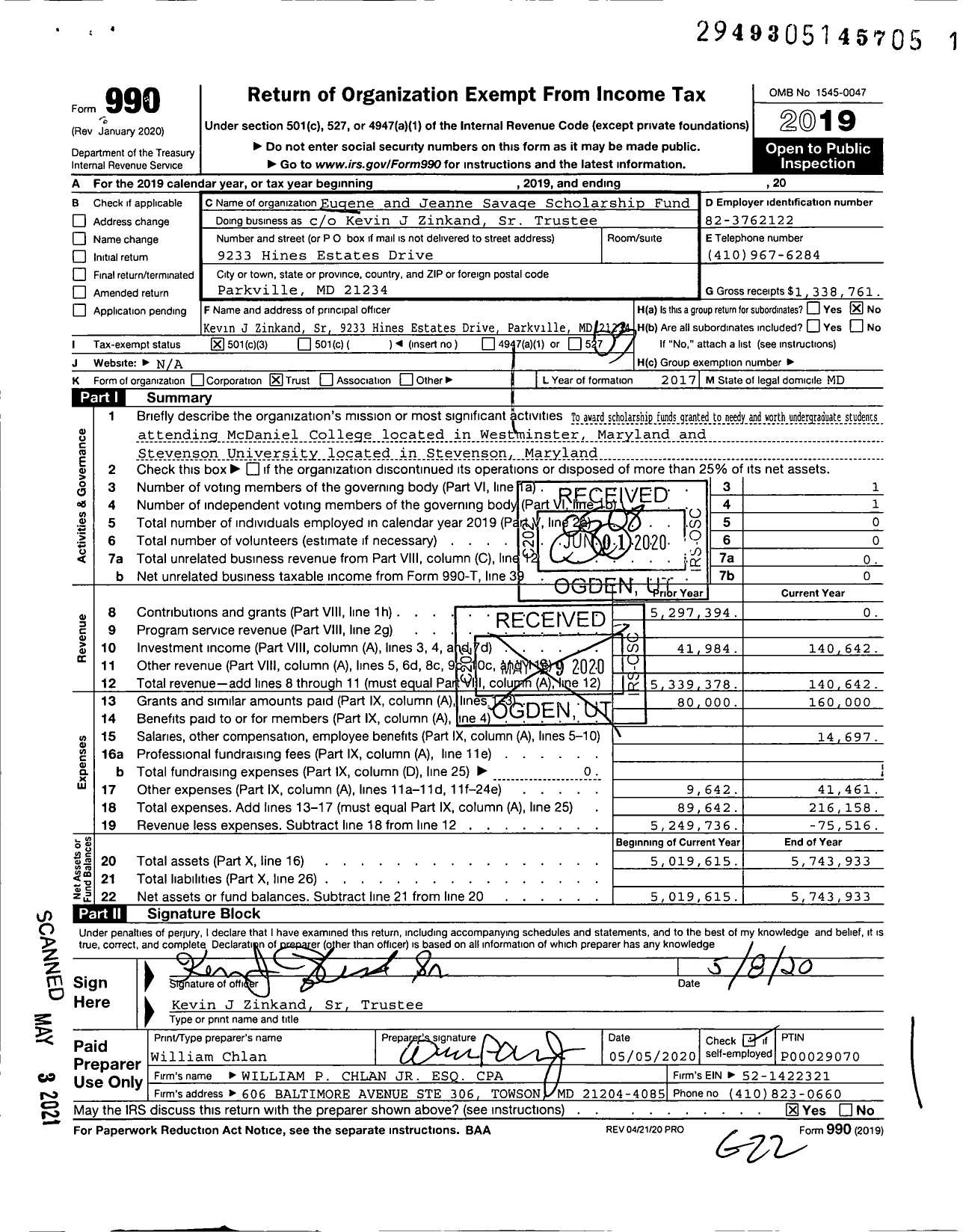 Image of first page of 2019 Form 990 for Eugene and Jeanne Savage Scholarship Fund