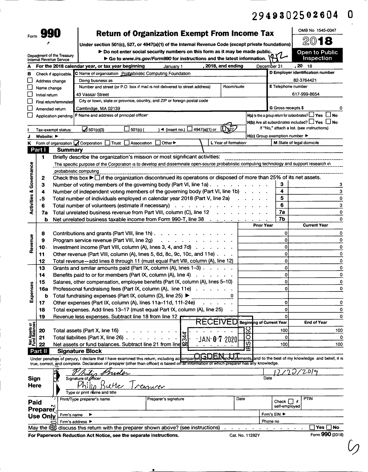 Image of first page of 2018 Form 990 for Probalistic Computing Foundation