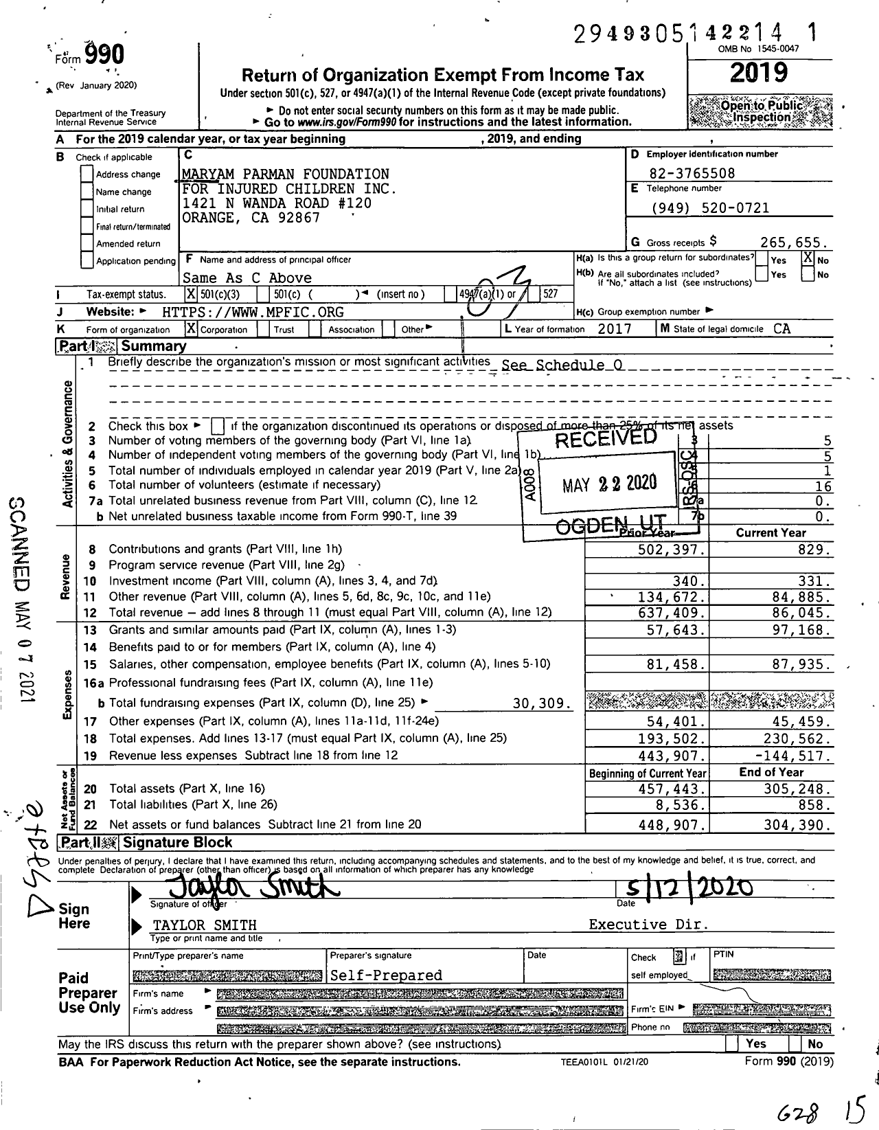 Image of first page of 2019 Form 990 for Maryam Parman Foundation for Children