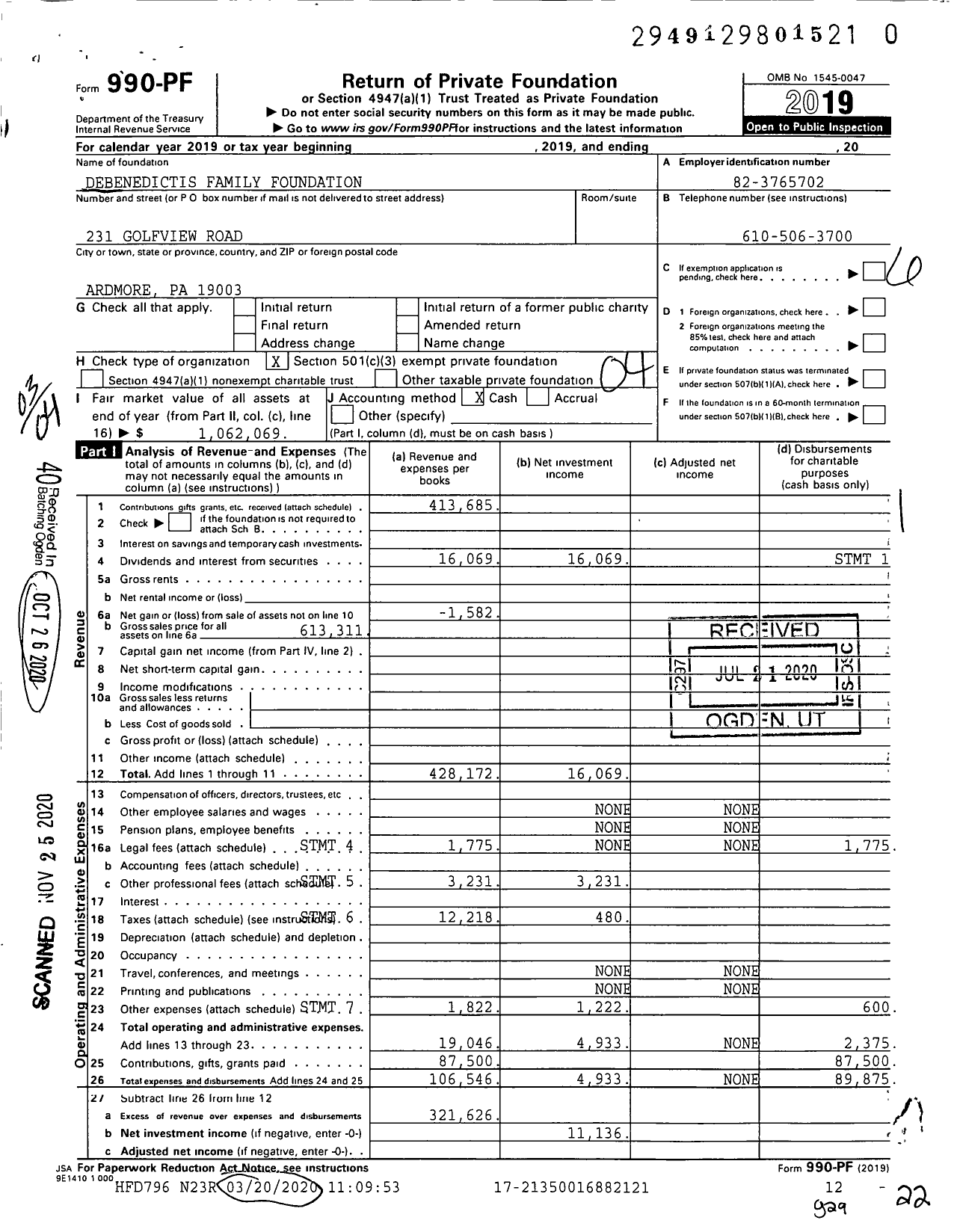 Image of first page of 2019 Form 990PF for Debenedictis Family Foundation