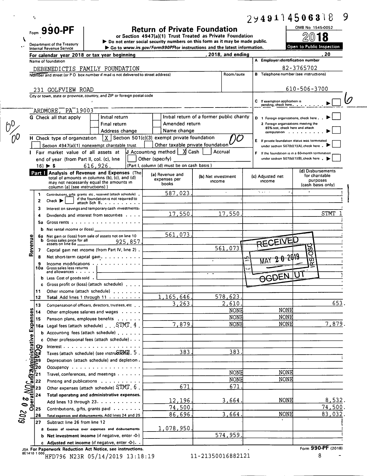 Image of first page of 2018 Form 990PF for Debenedictis Family Foundation