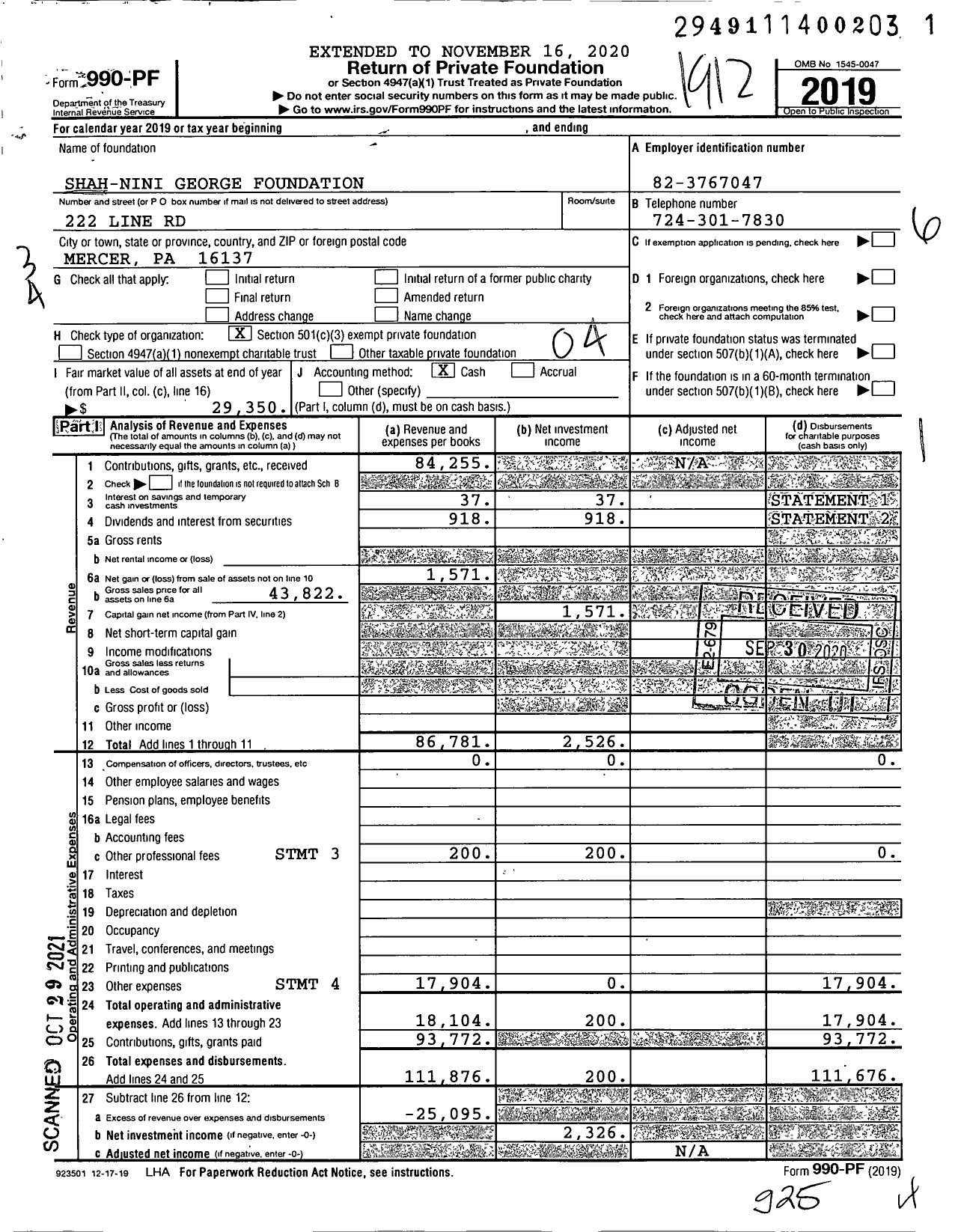 Image of first page of 2019 Form 990PF for Shah-Nini George Foundation