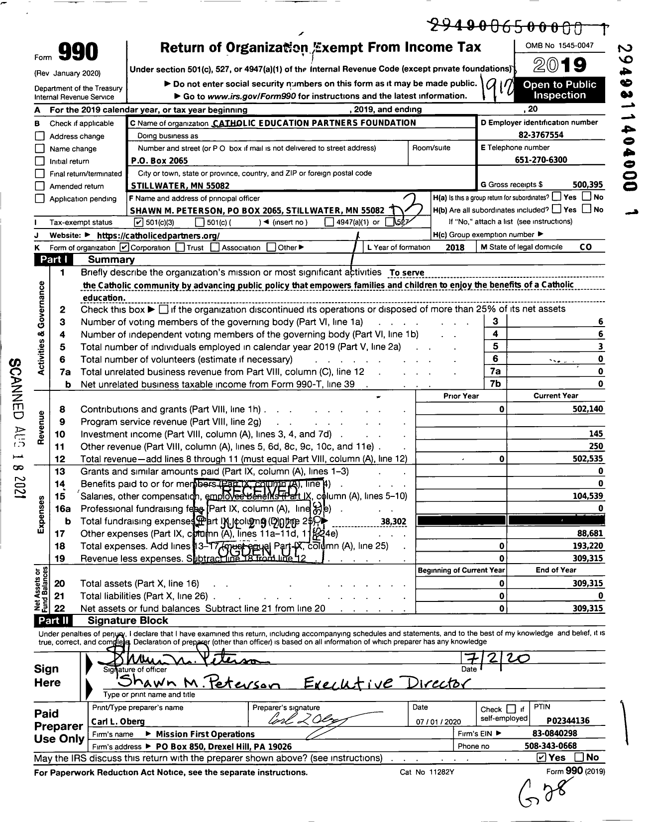 Image of first page of 2019 Form 990 for Catholic Education Partners Foundation