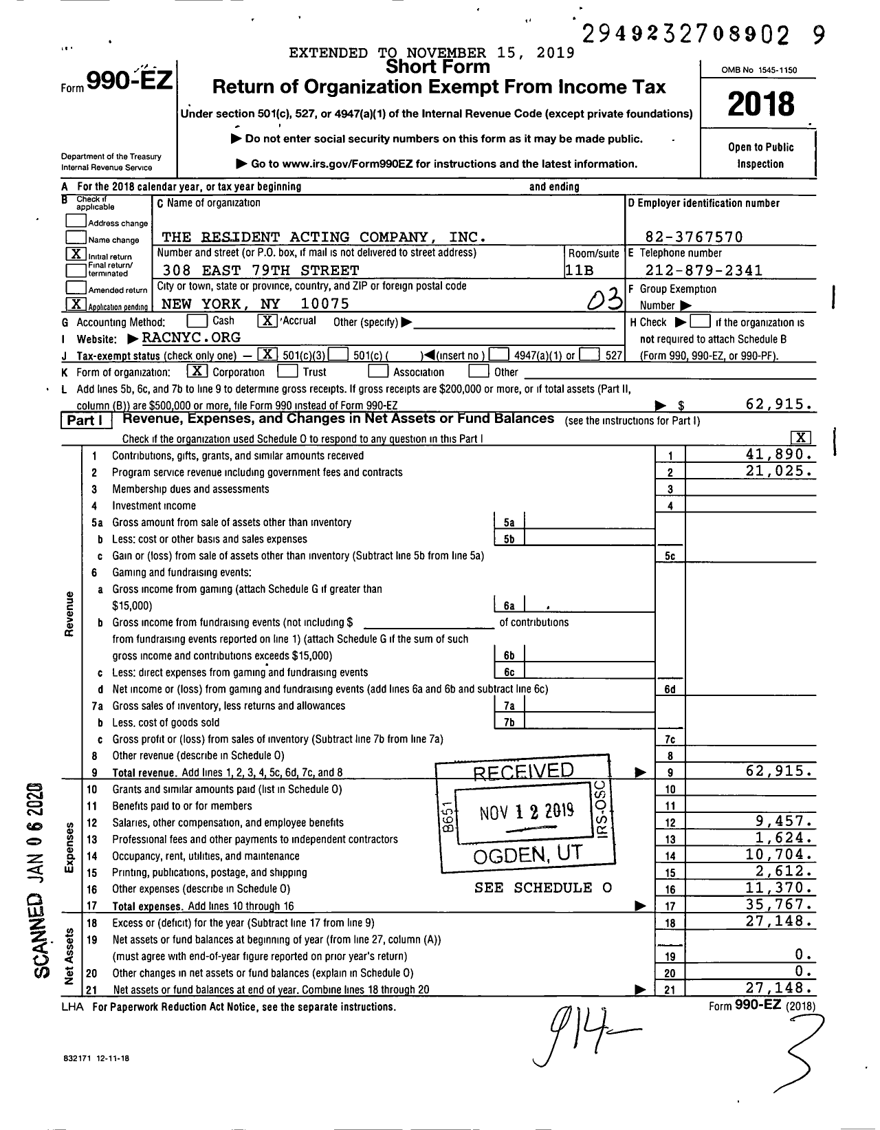 Image of first page of 2018 Form 990EZ for The Resident Acting Company