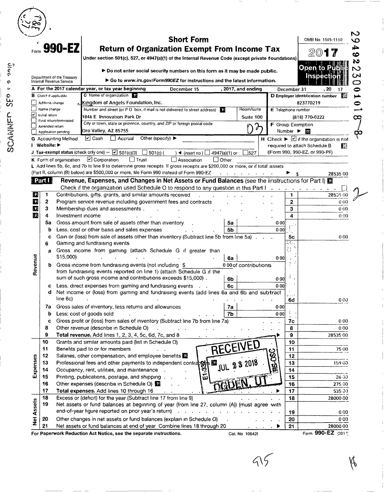 Image of first page of 2017 Form 990EZ for Kingdom of Angels Foundation