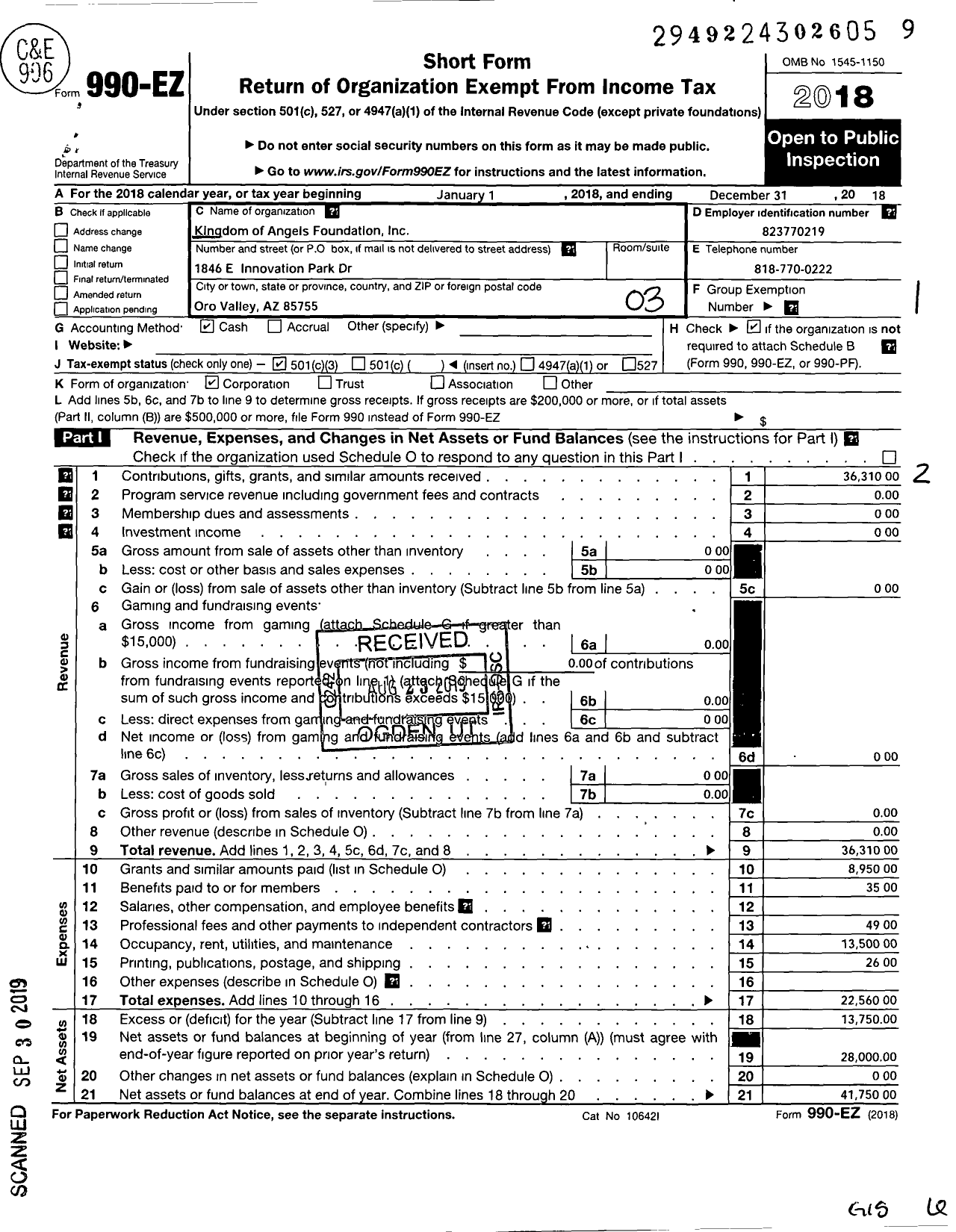 Image of first page of 2018 Form 990EZ for Kingdom of Angels Foundation