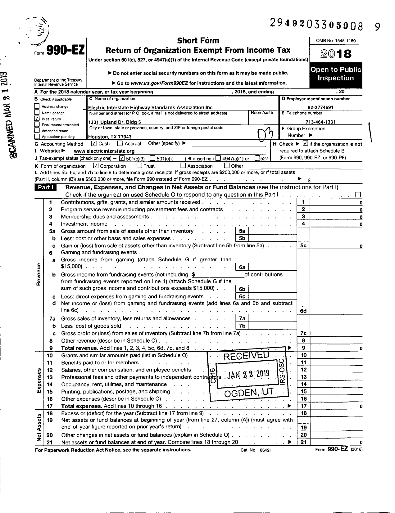 Image of first page of 2018 Form 990EZ for Electric Interstate Highway Standards Association