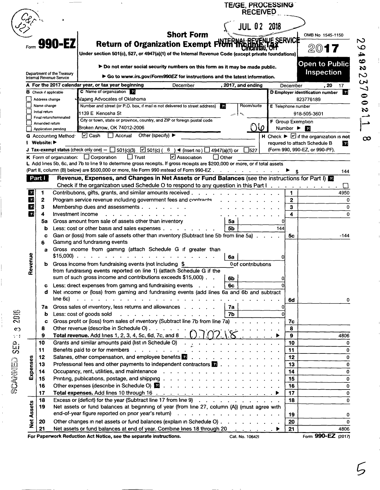 Image of first page of 2017 Form 990EO for Vaping Advocates of Oklahoma Association