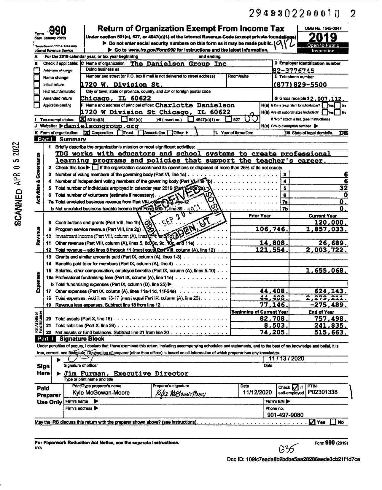 Image of first page of 2019 Form 990 for The Danielson Group