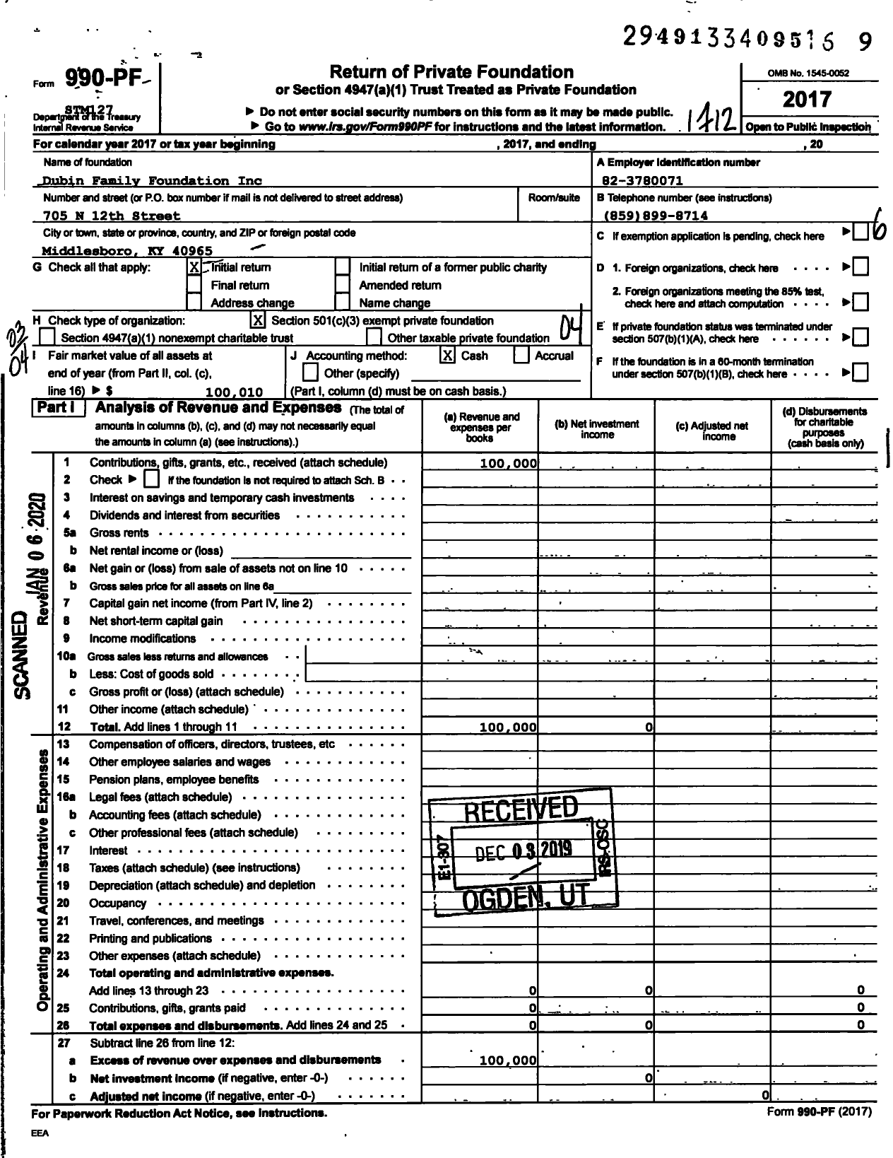 Image of first page of 2017 Form 990PF for Dubin Family Foundation