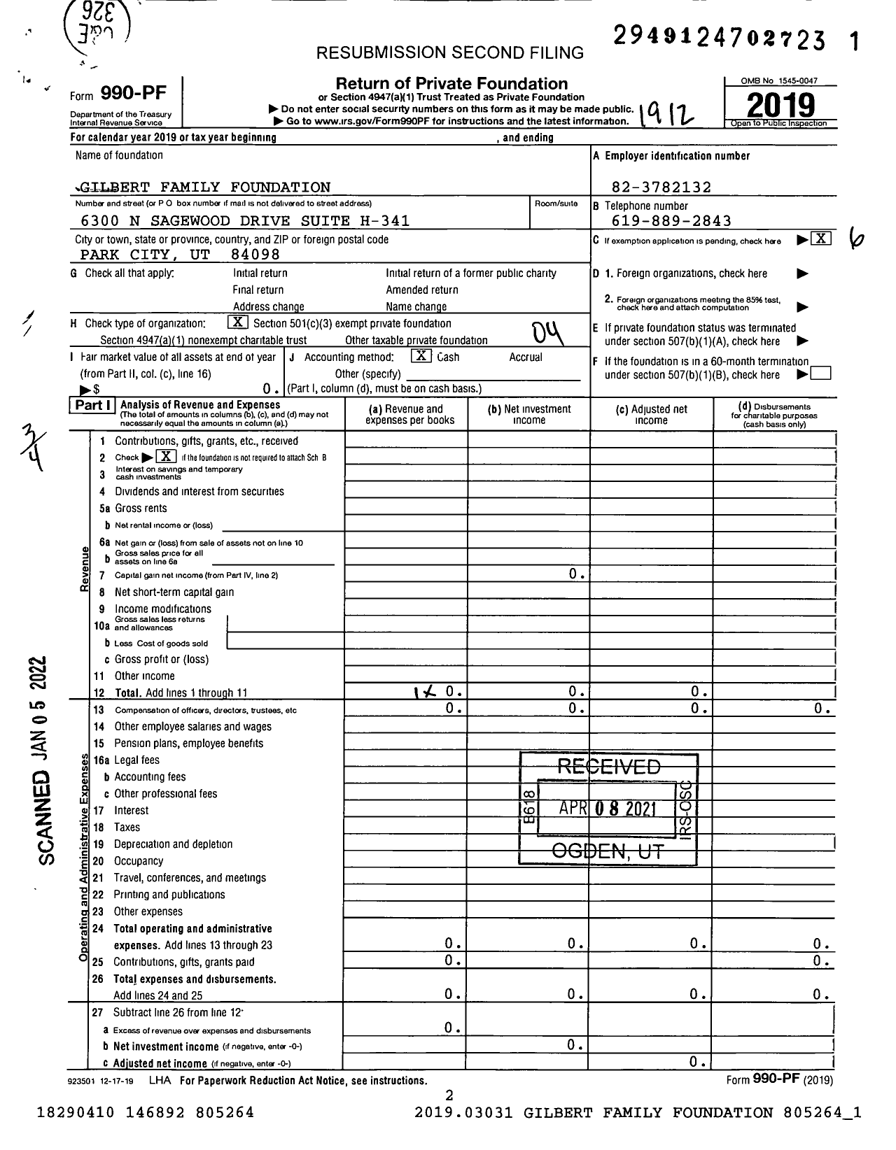 Image of first page of 2019 Form 990PF for Gilbert Family Foundation