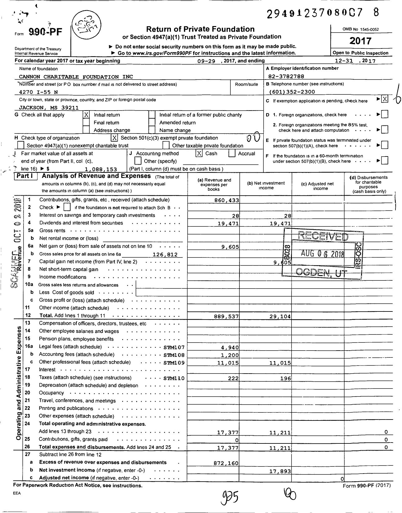 Image of first page of 2017 Form 990PF for Cannon Charitable Foundation