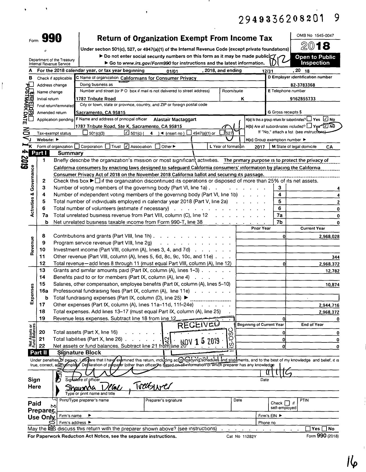 Image of first page of 2018 Form 990O for Californians for Consumer Privacy