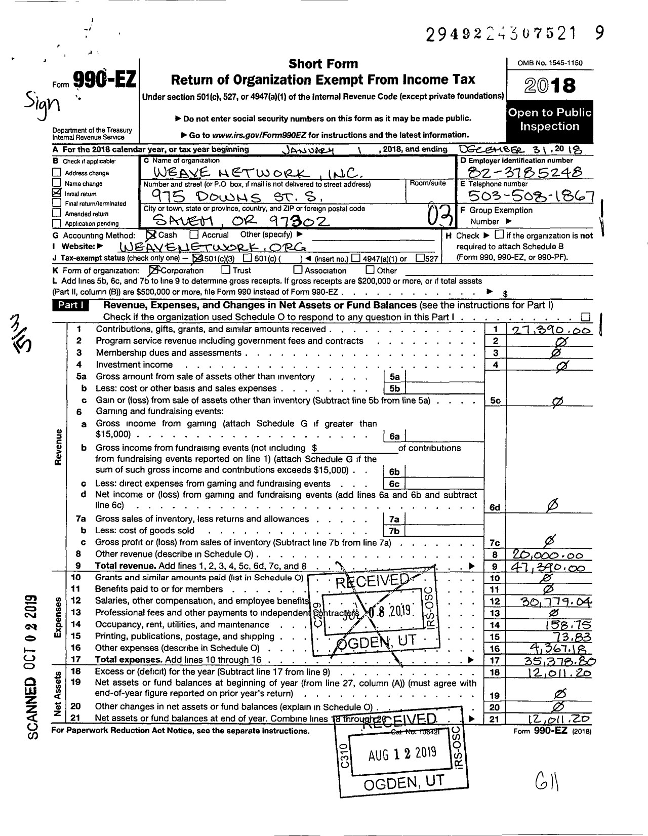 Image of first page of 2018 Form 990EZ for Weave Network