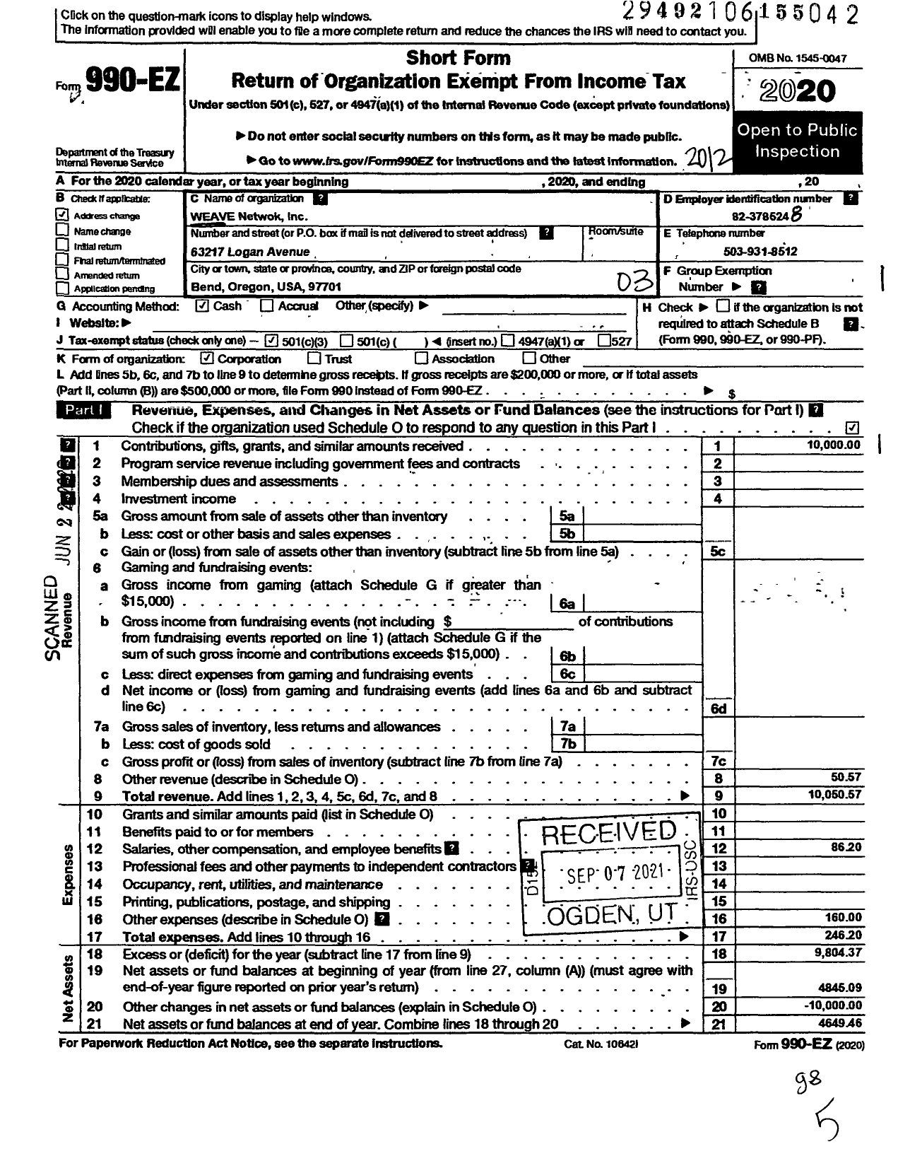 Image of first page of 2020 Form 990EZ for Weave Network