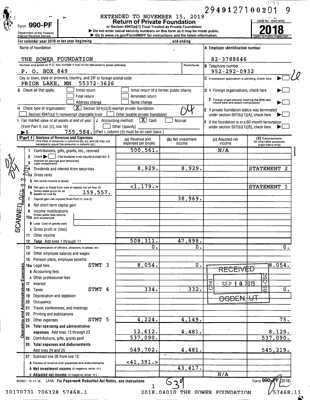 Image of first page of 2018 Form 990PF for The Sower Foundation