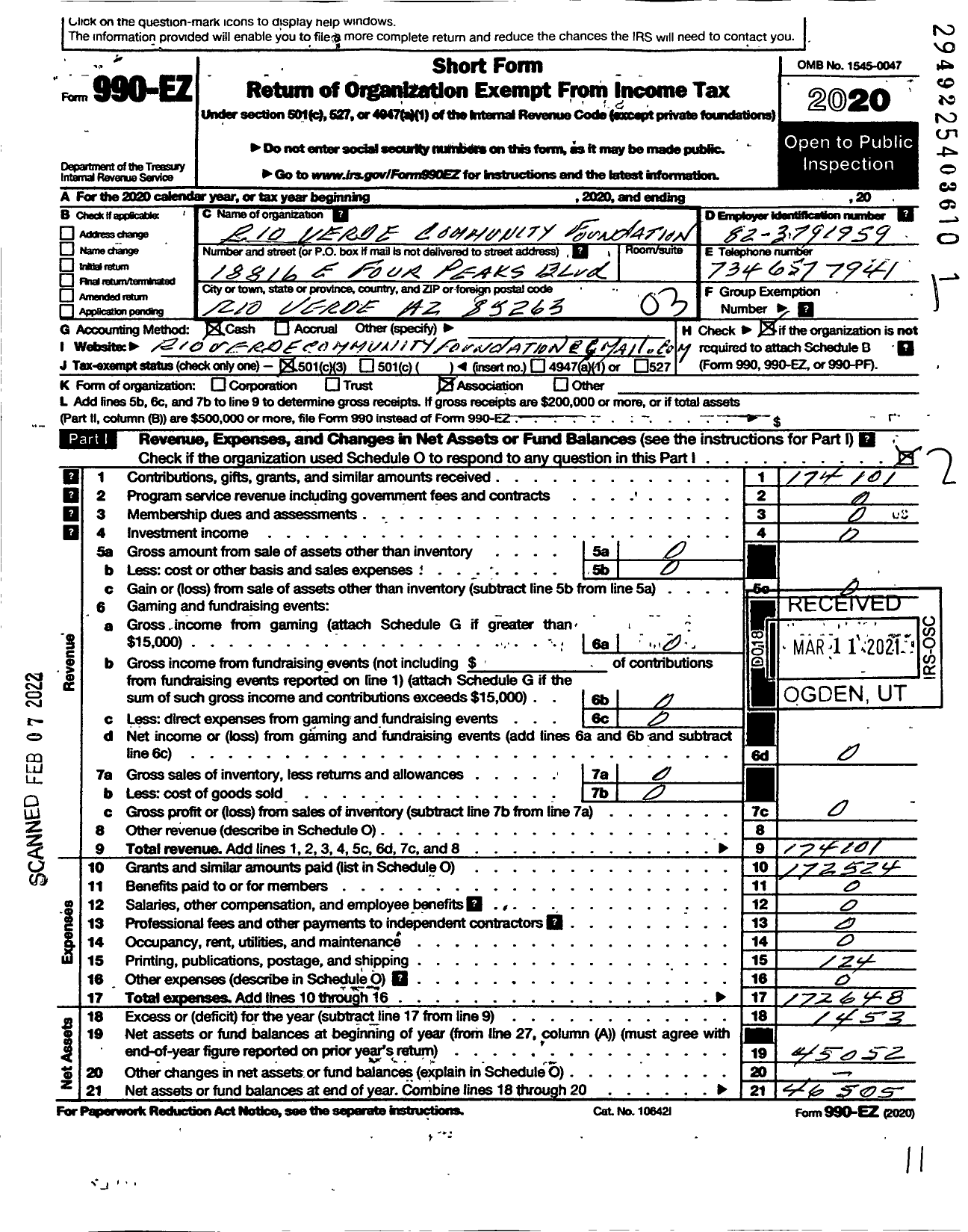 Image of first page of 2020 Form 990EZ for Rio Verde Community Foundation