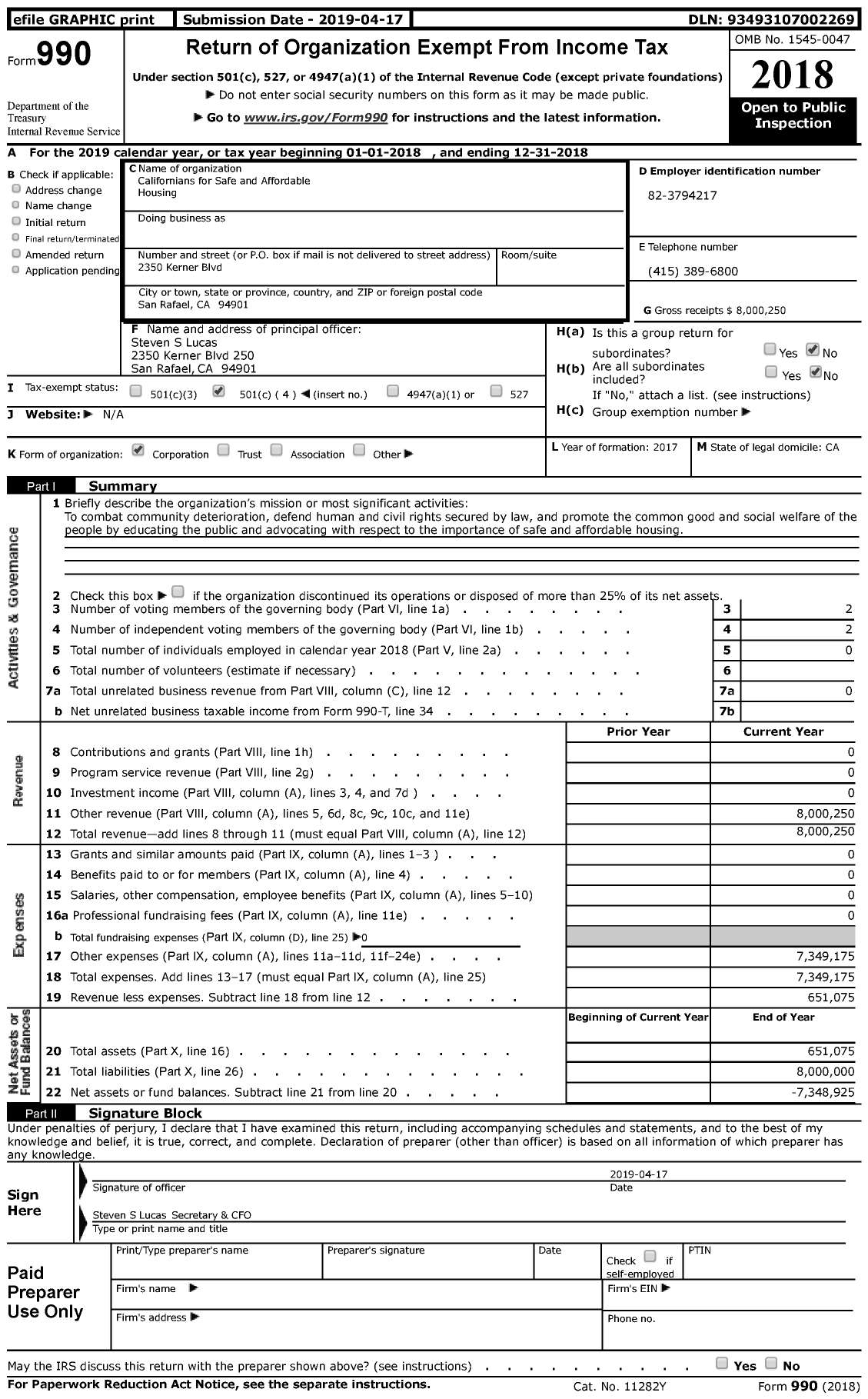 Image of first page of 2018 Form 990 for Californians for Safe and Affordable Housing