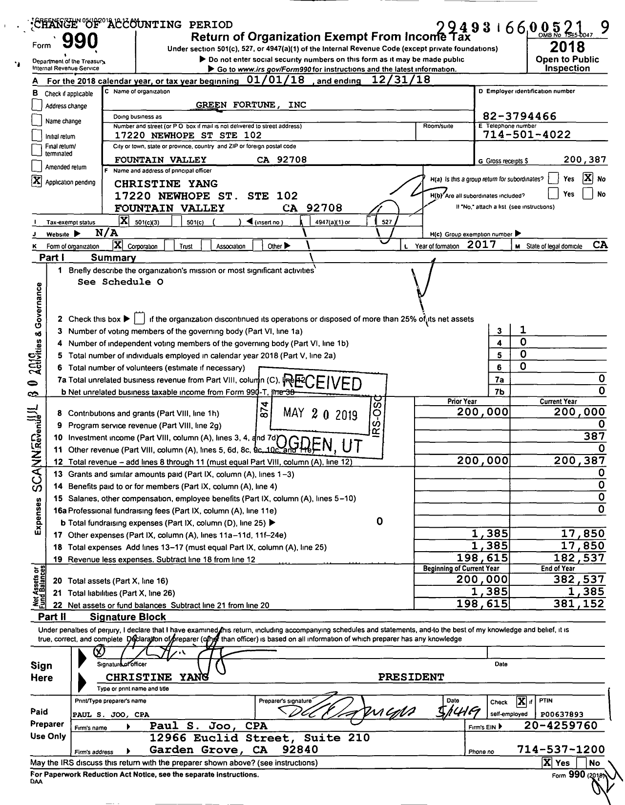 Image of first page of 2018 Form 990 for Green Fortune