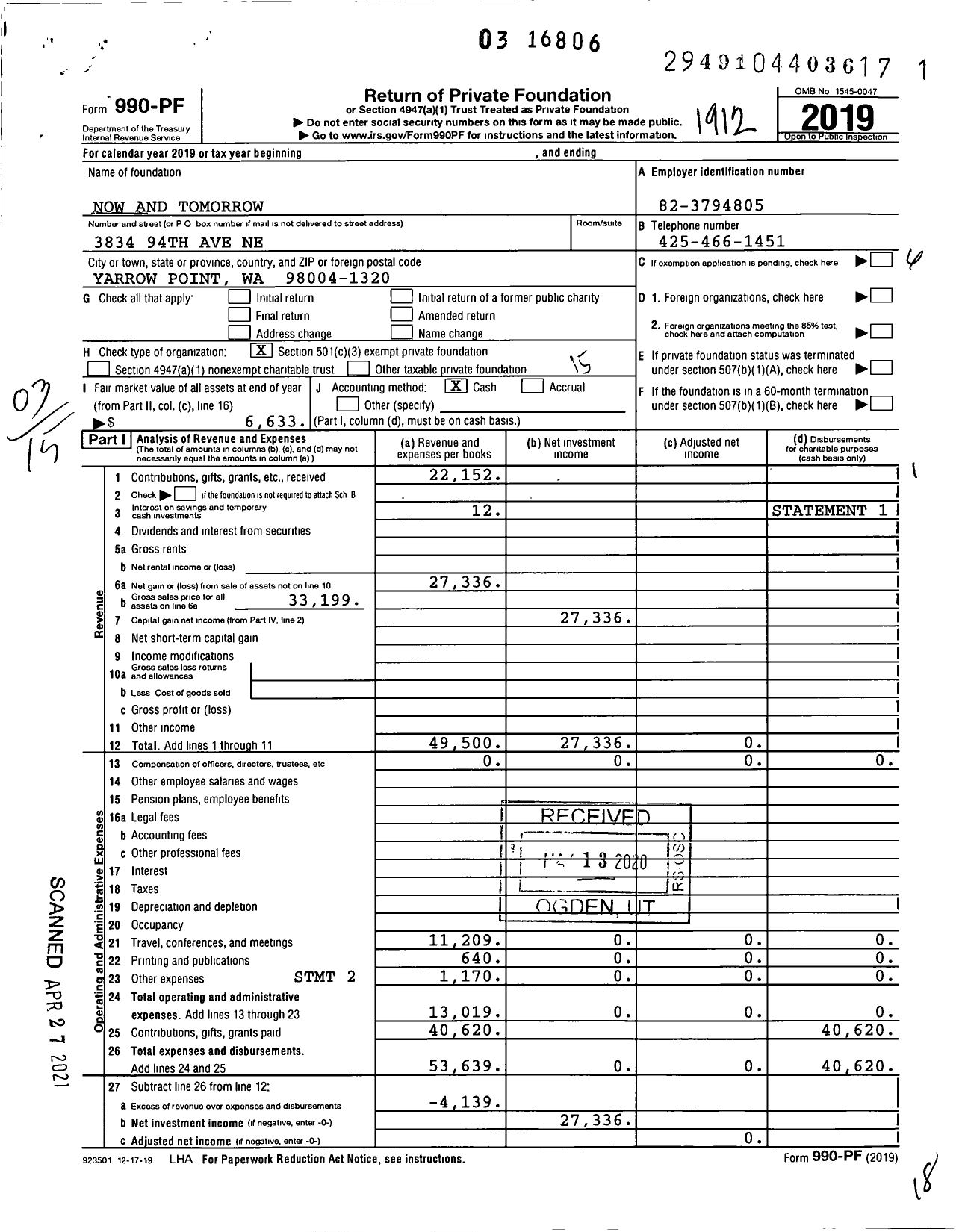 Image of first page of 2019 Form 990PF for Now and Tomorrow