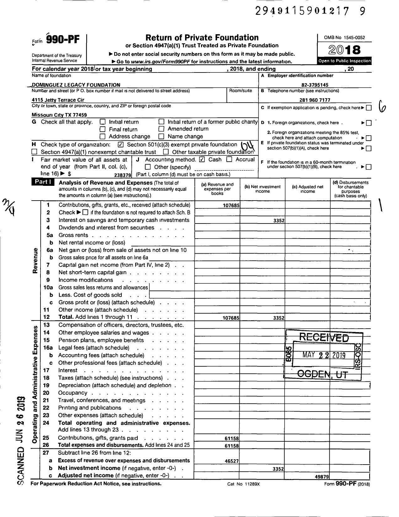 Image of first page of 2018 Form 990PF for Dominguez Legacy Foundation