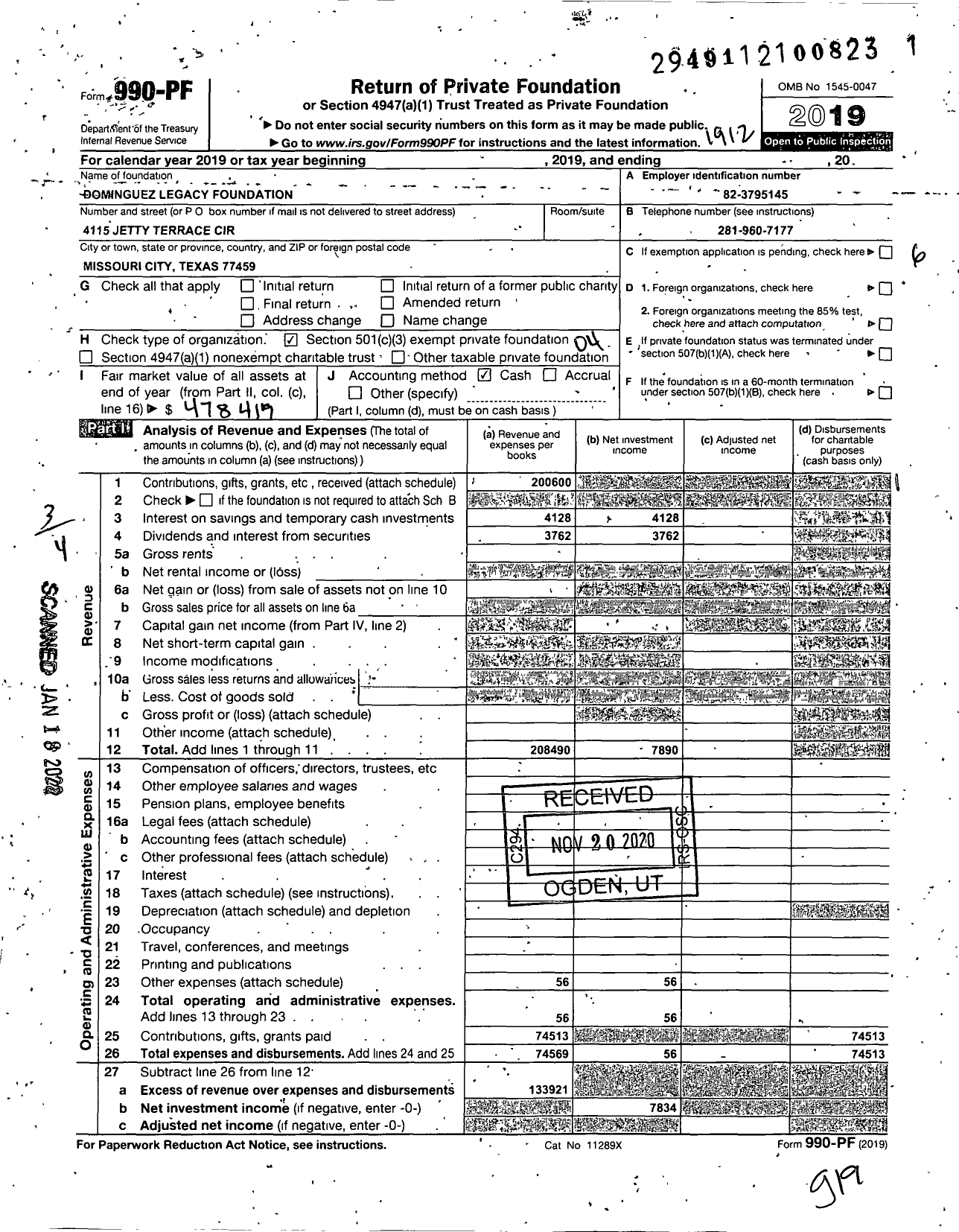 Image of first page of 2019 Form 990PF for Dominguez Legacy Foundation