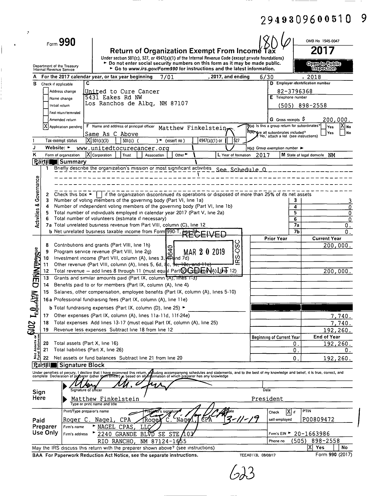 Image of first page of 2017 Form 990 for United to Cure Cancer