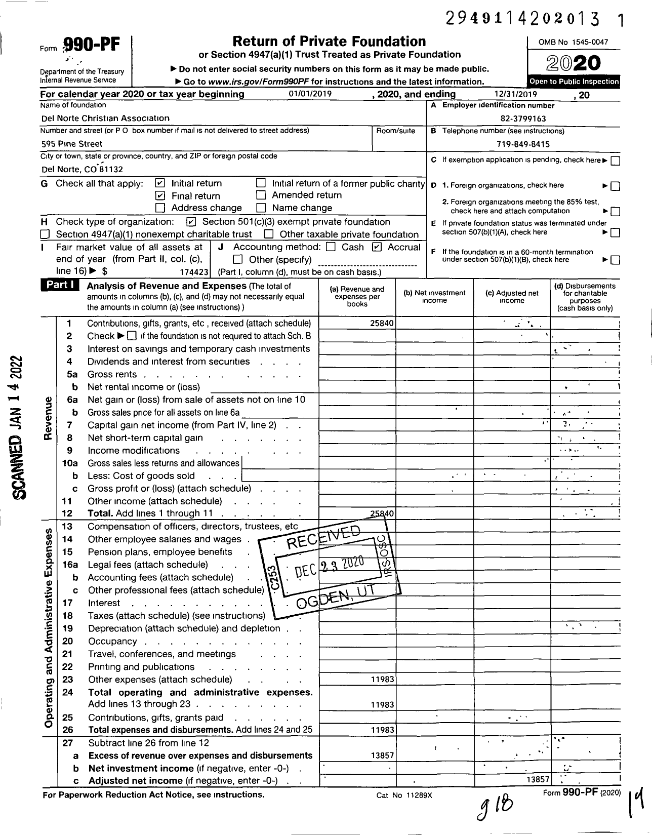 Image of first page of 2019 Form 990PF for Del Norte Christian Association