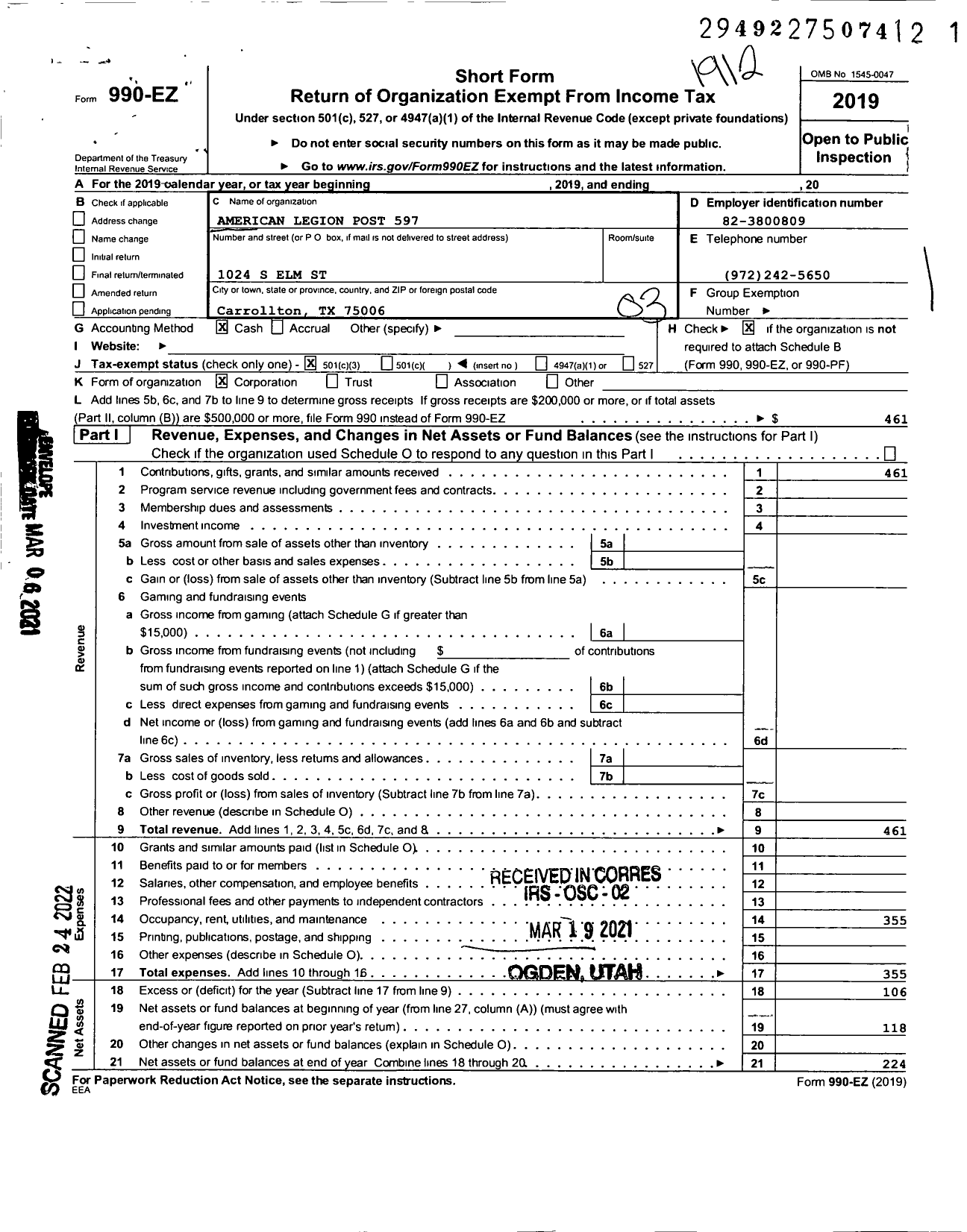 Image of first page of 2019 Form 990EZ for American Legion Carrollton TX