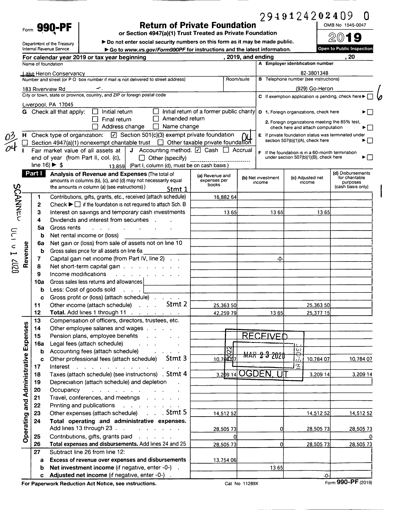 Image of first page of 2019 Form 990PR for Lake Heron Conservancy