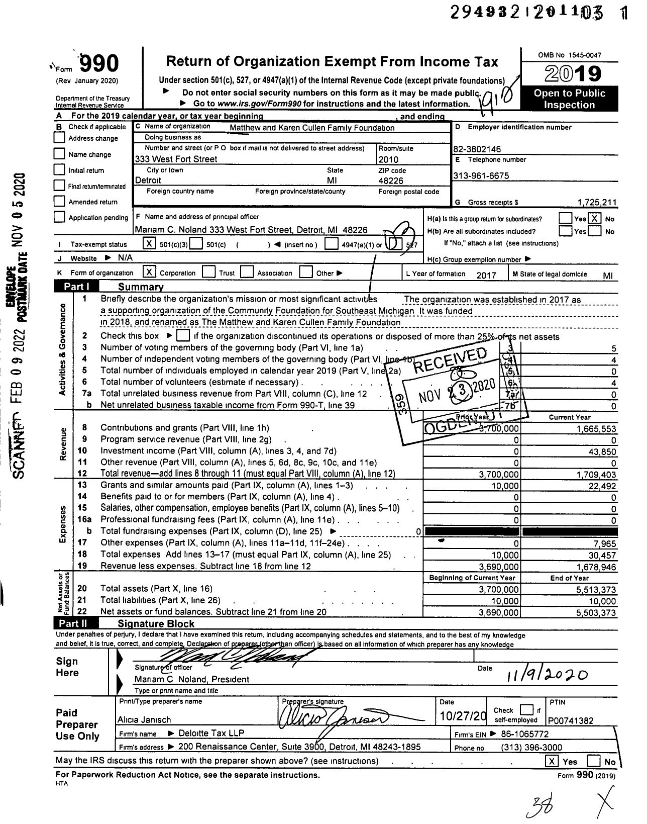 Image of first page of 2019 Form 990 for Matthew and Karen Cullen Family Foundation