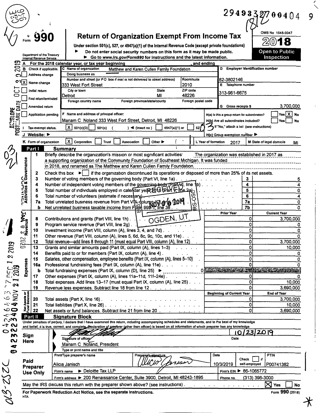 Image of first page of 2018 Form 990 for Matthew and Karen Cullen Family Foundation