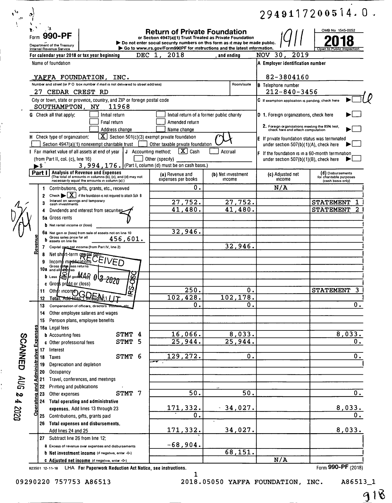 Image of first page of 2018 Form 990PR for Yaffa Foundation