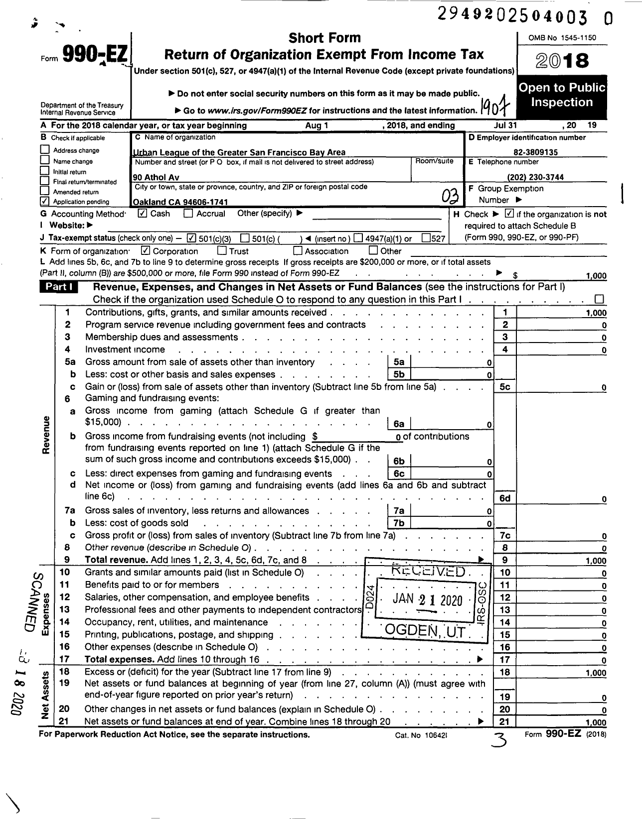 Image of first page of 2018 Form 990EZ for Urban League of the Greater San Francisco Bay Area