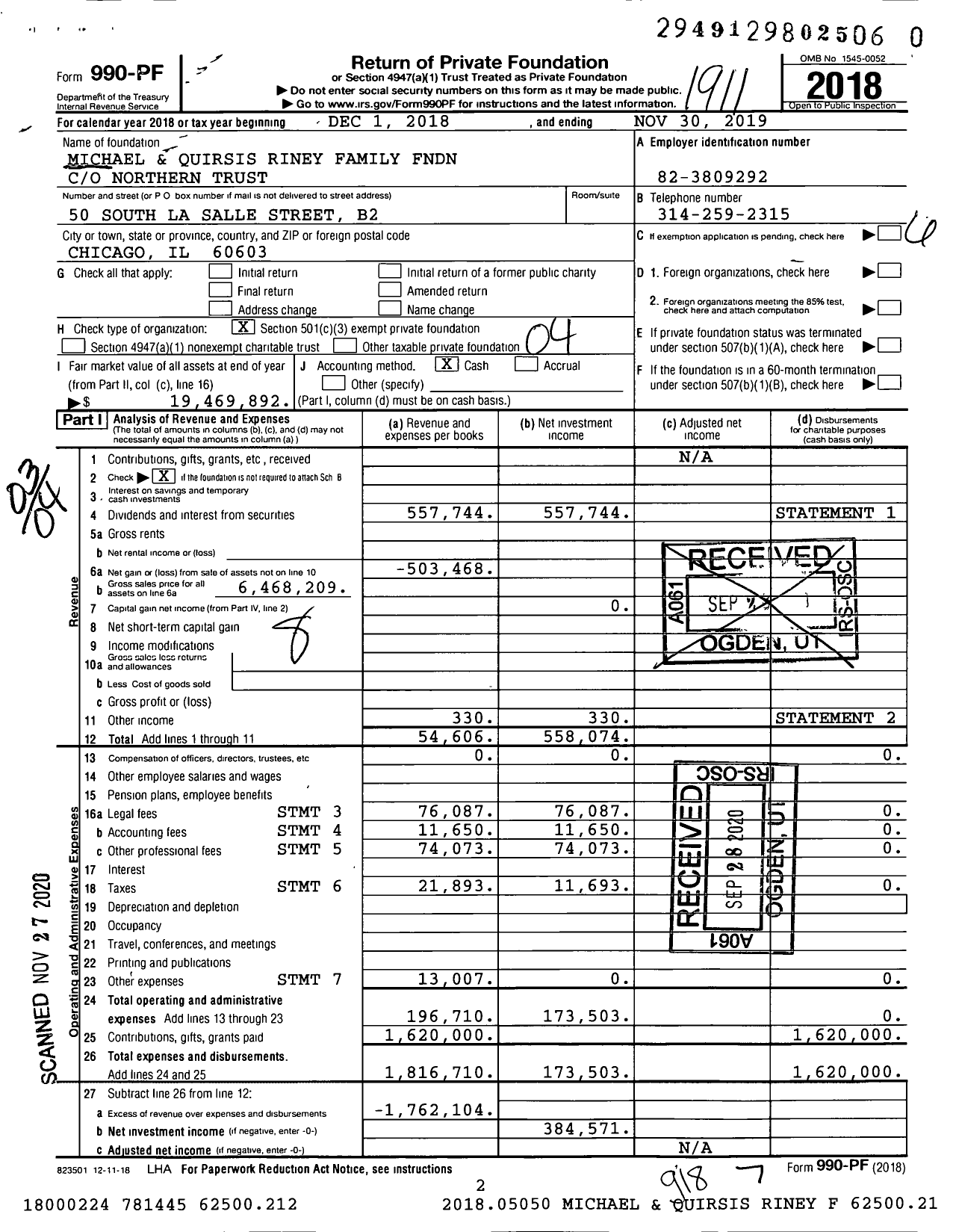 Image of first page of 2018 Form 990PF for Michael and Quirsis Riney Family FNDN