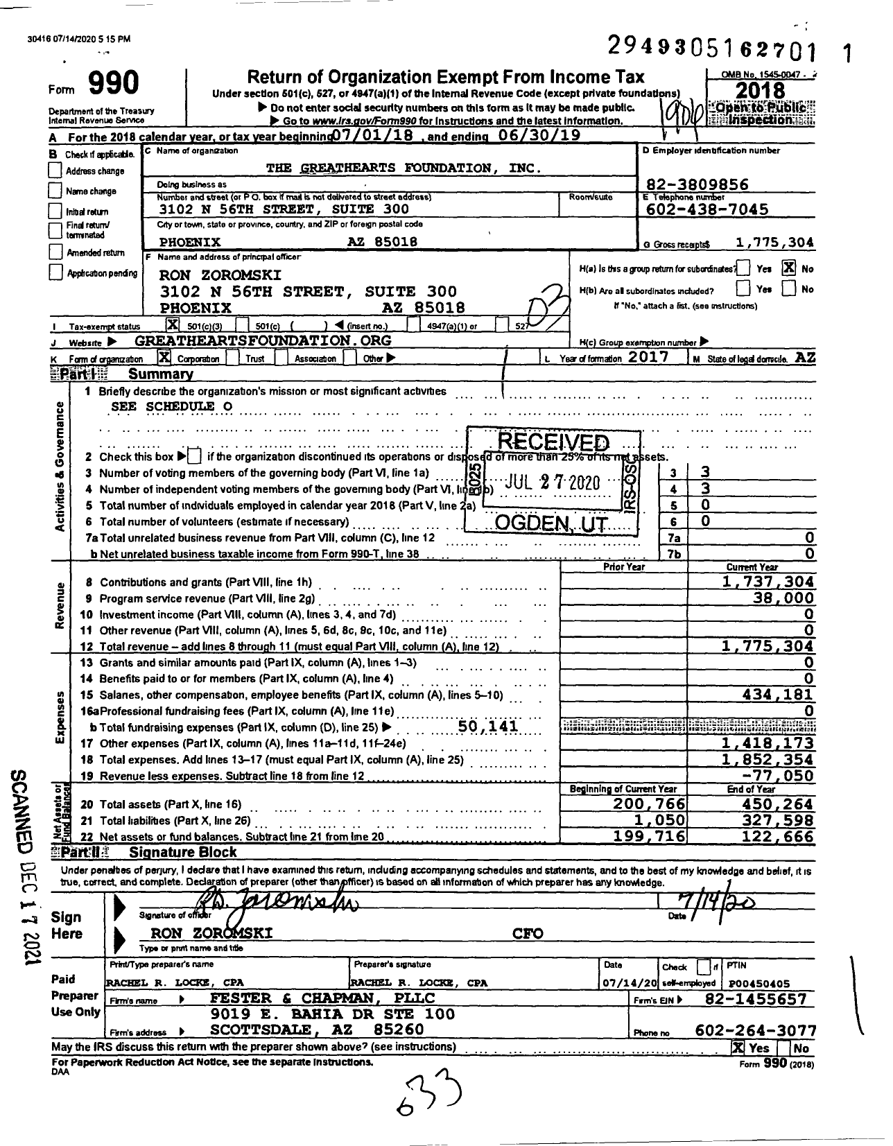 Image of first page of 2018 Form 990 for The Greathearts Foundation